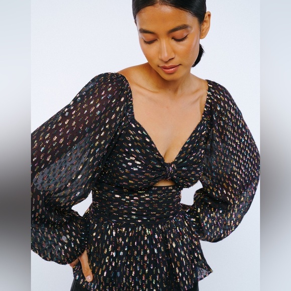 CIEBON Geena Metallic Navy Chiffon Knot Front Long Sleeve Peplum Top XS - Picture 3 of 12